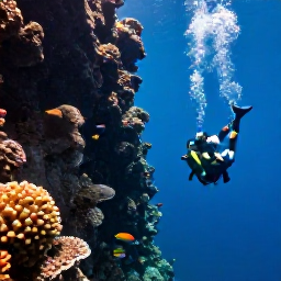 Caribbean Holidays, Cuba Diving January, Scuba divers descending beside a dramatic underwater wall in Cuba, with clear blue water, coral formations and schools of colourful fish