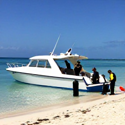 Caribbean Holidays, Cuba Diving January, Small professional dive boat moored beside a calm Cuban island coastline, divers preparing equipment under a sunny blue sky