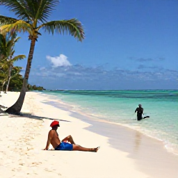 Caribbean Holidays, Cuba Diving January, Traveller relaxing on a Cuban beach after scuba diving, with palm trees, warm sand and calm turquoise sea in January