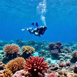 Caribbean Holidays, Cuba Diving July, A diver exploring a colourful coral reef in clear turquoise water off Cuba during bright summer weather