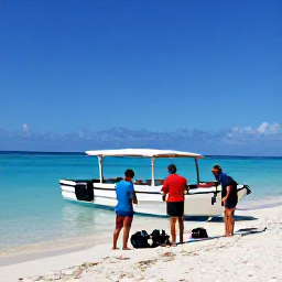 Caribbean Holidays, Cuba Diving July, A friendly dive group preparing equipment beside a boat on a sunny Cuban beach