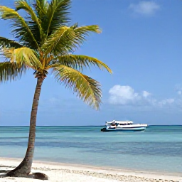 Caribbean Holidays, Cuba Diving July, A peaceful Cuban coastline with palm trees, a dive boat and calm blue sea under a summer sky