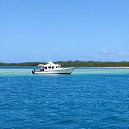 Caribbean Holidays, Cuba Diving June, A small Cuban dive boat travelling across calm blue water towards a reef, with a tropical coastline in the background