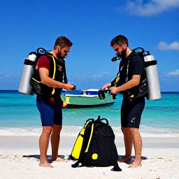 Caribbean Holidays, Cuba Diving June, Friendly divers preparing scuba equipment beside a Cuban beach before a morning boat dive
