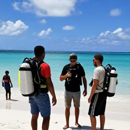 Caribbean Holidays, Cuba Diving March, A friendly Cuban dive guide checking scuba equipment with visitors beside a sunny tropical beach