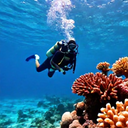 Caribbean Holidays, Cuba Diving March, A scuba diver descending through clear turquoise Caribbean water beside a colourful coral reef in Cuba, bright tropical sunlight filtering from the surface