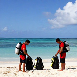 Caribbean Holidays, Cuba Diving May, Friendly Cuban dive instructors preparing scuba equipment beside a tropical beach in May