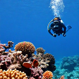 Caribbean Holidays, Cuba Diving November, Colourful coral reef with tropical fish and a scuba diver in the clear waters of Cuba