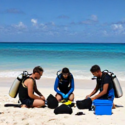Caribbean Holidays, Cuba Diving November, Friendly scuba diving group preparing equipment beside a sunny Cuban beach