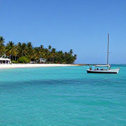 Caribbean Holidays, Cuba Diving November, Small dive boat leaving a tropical Cuban bay with palm-fringed coastline and calm turquoise water