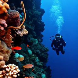 Caribbean Holidays, Cuba Diving September, Diver descending beside a dramatic underwater wall with sponges and tropical fish in Cuba