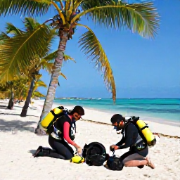 Caribbean Holidays, Cuba Diving September, Friendly scuba divers preparing equipment on a sunny Cuban beach beside palm trees