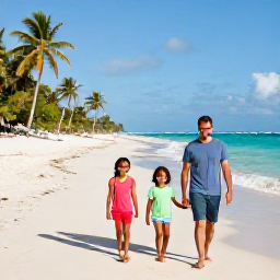 Caribbean Holidays, Cuba Family February, A happy family walking along a sunny Cuban beach in February, with turquoise sea, pale sand and palm trees