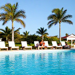 Caribbean Holidays, Cuba Family February, Families relaxing beside a calm Caribbean swimming pool in Cuba, with sun loungers, tropical gardens and clear blue skies
