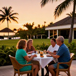 Caribbean Holidays, Cuba Family February, Family enjoying a relaxed Cuban resort evening with outdoor dining, tropical plants and warm sunset light