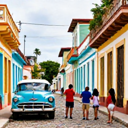 Caribbean Holidays, Cuba Family February, Family exploring the colourful streets of Trinidad, Cuba, with colonial buildings, cobbled roads and classic American cars