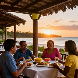 Caribbean Holidays, Cuba Family Holidays, A family dining outdoors at a welcoming Cuban restaurant at sunset, with colourful local food on the table
