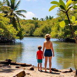 Caribbean Holidays, Cuba Family Holidays, A family enjoying a gentle Cuban nature excursion with mangroves, tropical plants, a calm lagoon and bright February sunshine