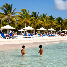 Caribbean Holidays, Cuba Family Holidays, A family relaxing at a Cuban beach resort, with children playing in shallow clear water and adults enjoying sun loungers beneath palm trees