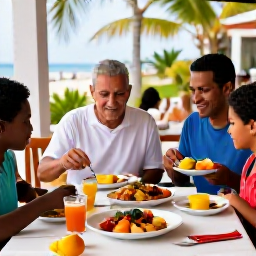 Caribbean Holidays, Cuba Family Holidays, A family sharing a Cuban meal at an outdoor restaurant, with colourful local dishes, tropical fruit and a welcoming atmosphere
