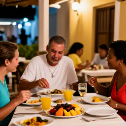 Caribbean Holidays, Cuba Family Holidays, A family sharing a relaxed Cuban meal at an outdoor restaurant, with fresh fruit, grilled food and a warm evening atmosphere