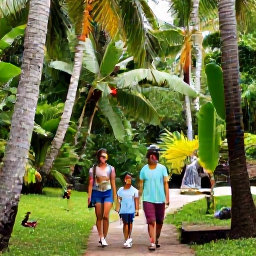 Caribbean Holidays, Cuba Family Holidays, A family walking through a lush Cuban nature reserve with palm trees, colourful birds and a small waterfall
