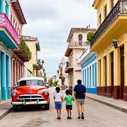Caribbean Holidays, Cuba Family Holidays, A family walking through colourful Old Havana streets with classic vintage cars, colonial buildings and local life