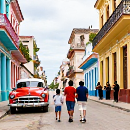 Caribbean Holidays, Cuba Family Holidays, A family walking through colourful streets in Havana, with classic American cars, colonial buildings and local musicians