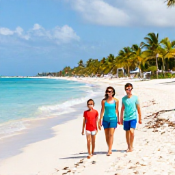 Caribbean Holidays, Cuba Family Holidays, A happy family walking along a bright white sandy beach in Varadero, Cuba, with calm turquoise water and palm trees