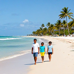 Caribbean Holidays, Cuba Family Holidays, A happy family walking along a sunny Cuban beach in July, with calm turquoise water and palm trees