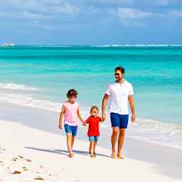 Caribbean Holidays, Cuba Family Holidays, A happy family walking along a sunny Varadero beach in Cuba, turquoise sea, soft white sand, relaxed holiday atmosphere