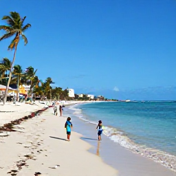 Caribbean Holidays, Cuba Family Holidays, A relaxed Cuban family on a sunny beach in Varadero during October, with calm turquoise sea, palm trees and children playing safely at the water&rsquo;s edge