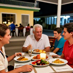 Caribbean Holidays, Cuba Family Holidays, A relaxed family dinner at an outdoor Cuban restaurant, with colourful local dishes and a warm evening atmosphere