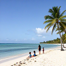 Caribbean Holidays, Cuba Family Holidays, A sunny Cuban beach with calm turquoise water, white sand, palm trees and a family enjoying a relaxed January holiday