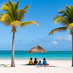 Caribbean Holidays, Cuba Family Holidays, A sunny Cuban beach with turquoise water, palm trees and a family enjoying a relaxed June holiday