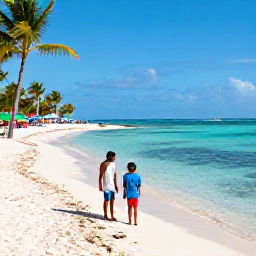 Caribbean Holidays, Cuba Family Holidays, A welcoming Cuban family enjoying a sunny beach holiday beside clear Caribbean water, with palm trees and colourful umbrellas