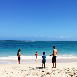 Caribbean Holidays, Cuba Family Holidays, A welcoming Cuban family on a sunny beach in Varadero, with calm turquoise water, soft sand and children playing safely by the shore