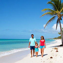Caribbean Holidays, Cuba Family Holidays, A welcoming Cuban family walking along a sunny beach near Varadero, turquoise sea, palm trees and relaxed holiday atmosphere