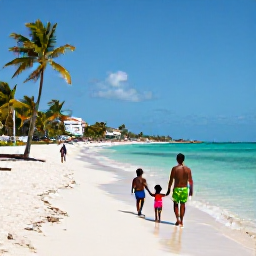 Caribbean Holidays, Cuba Family Holidays, Children and parents enjoying a safe sandy beach with palm trees and clear shallow water in Varadero, Cuba