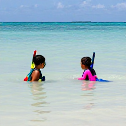 Caribbean Holidays, Cuba Family Holidays, Children and parents swimming in clear shallow water on a Cuban beach, with colourful snorkelling equipment, soft sand and a bright October sky