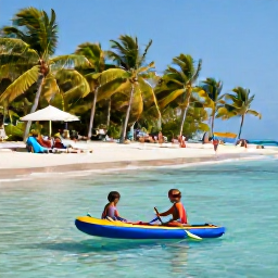 Caribbean Holidays, Cuba Family Holidays, Children paddling in clear shallow water on a Cuban beach while parents relax under palm trees