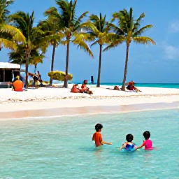 Caribbean Holidays, Cuba Family Holidays, Children playing safely in shallow turquoise water on a Cuban beach while parents relax under palm trees