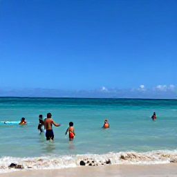 Caribbean Holidays, Cuba Family Holidays, Children playing safely in the shallow sea on Varadero beach, with parents relaxing under a palm umbrella
