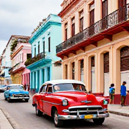 Caribbean Holidays, Cuba Family Holidays, Colourful classic American cars travelling along a lively street in Old Havana, Cuba, with colonial buildings and families exploring