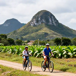 Caribbean Holidays, Cuba Family Holidays, Family cycling through green Cuban countryside near Vi&ntilde;ales, with limestone hills, tobacco fields and a local guide