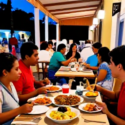 Caribbean Holidays, Cuba Family Holidays, Family dining outdoors at a friendly Cuban restaurant, colourful local dishes, fresh fruit and relaxed evening ambience