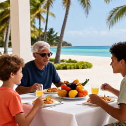 Caribbean Holidays, Cuba Family Holidays, Family enjoying a comfortable Cuban resort meal at an outdoor table, with colourful local food, tropical fruit and palm trees