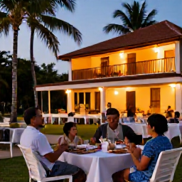 Caribbean Holidays, Cuba Family Holidays, Family enjoying a relaxed Cuban resort evening with outdoor dining, soft lights and palm trees