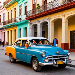 Caribbean Holidays, Cuba Family Holidays, Family exploring colourful classic cars and historic streets in Havana, Cuba, in warm afternoon light
