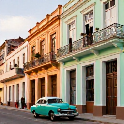Caribbean Holidays, Cuba Family Holidays, Family exploring colourful Old Havana street with classic vintage cars, historic buildings, balconies and warm afternoon light